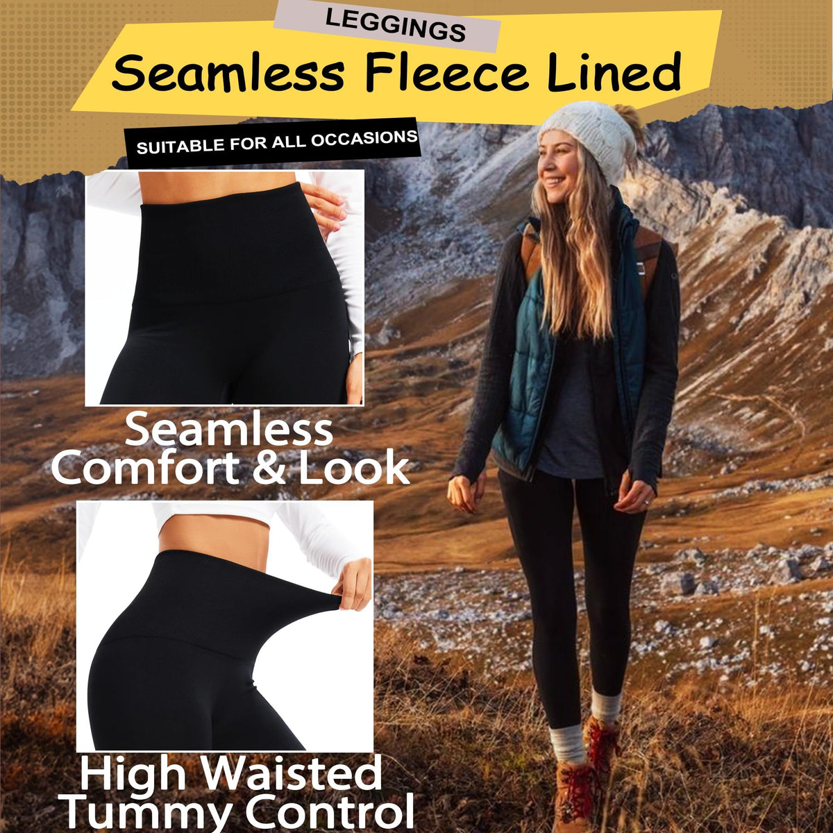 oatmeal color AU16 Women Lyocell High Waist Thermal Long Johns, Fleece Lined Slim Fit Base Layer Pants, Stretchy Warm Inner Thermal Leggings for Autumn Winter