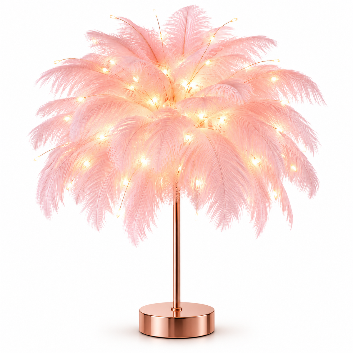 Ostrich Feather Table Lamp Pink, 80 Hand-Woven Natural Feathers, 3 Colour Temperature Touch Dimming, USB Rechargeable LED Bedside Lamp with Gold Metal Base
