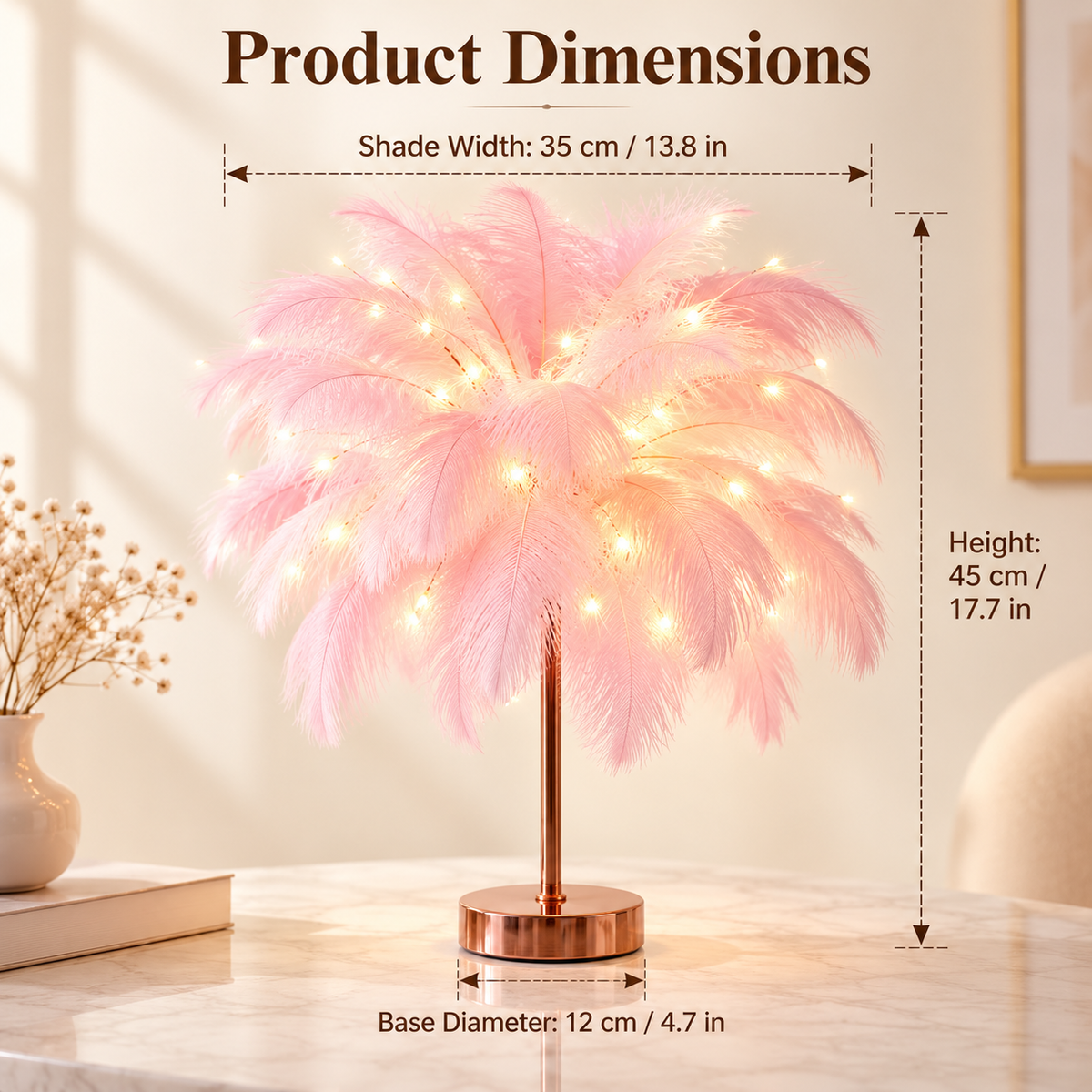 Ostrich Feather Table Lamp Pink, 80 Hand-Woven Natural Feathers, 3 Colour Temperature Touch Dimming, USB Rechargeable LED Bedside Lamp with Gold Metal Base