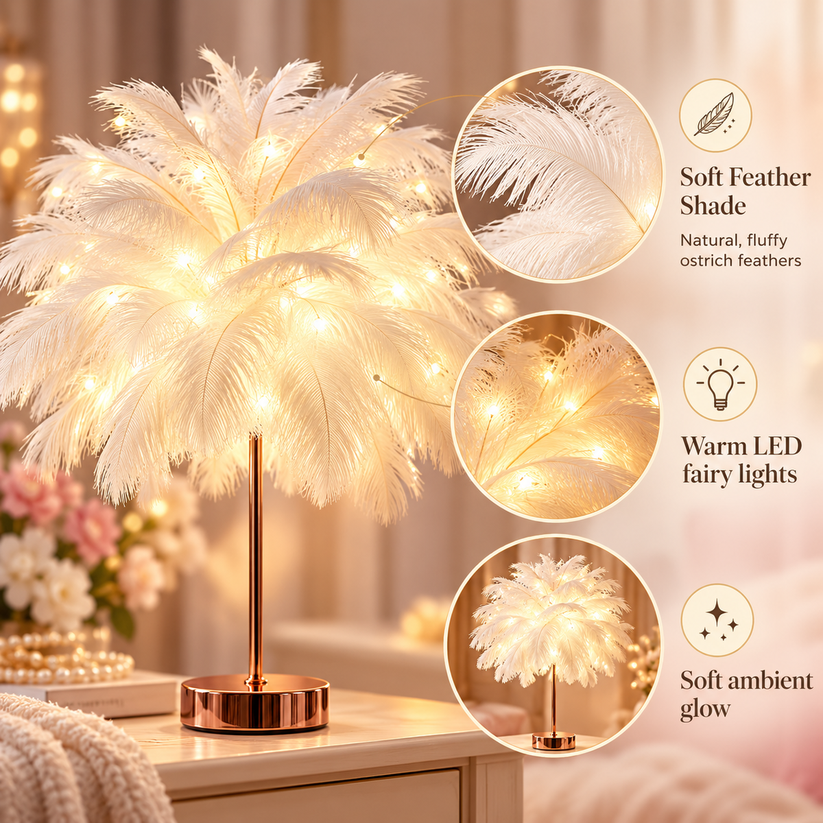 Ostrich Feather Table Lamp Pink, 80 Hand-Woven Natural Feathers, 3 Colour Temperature Touch Dimming, USB Rechargeable LED Bedside Lamp with Gold Metal Base