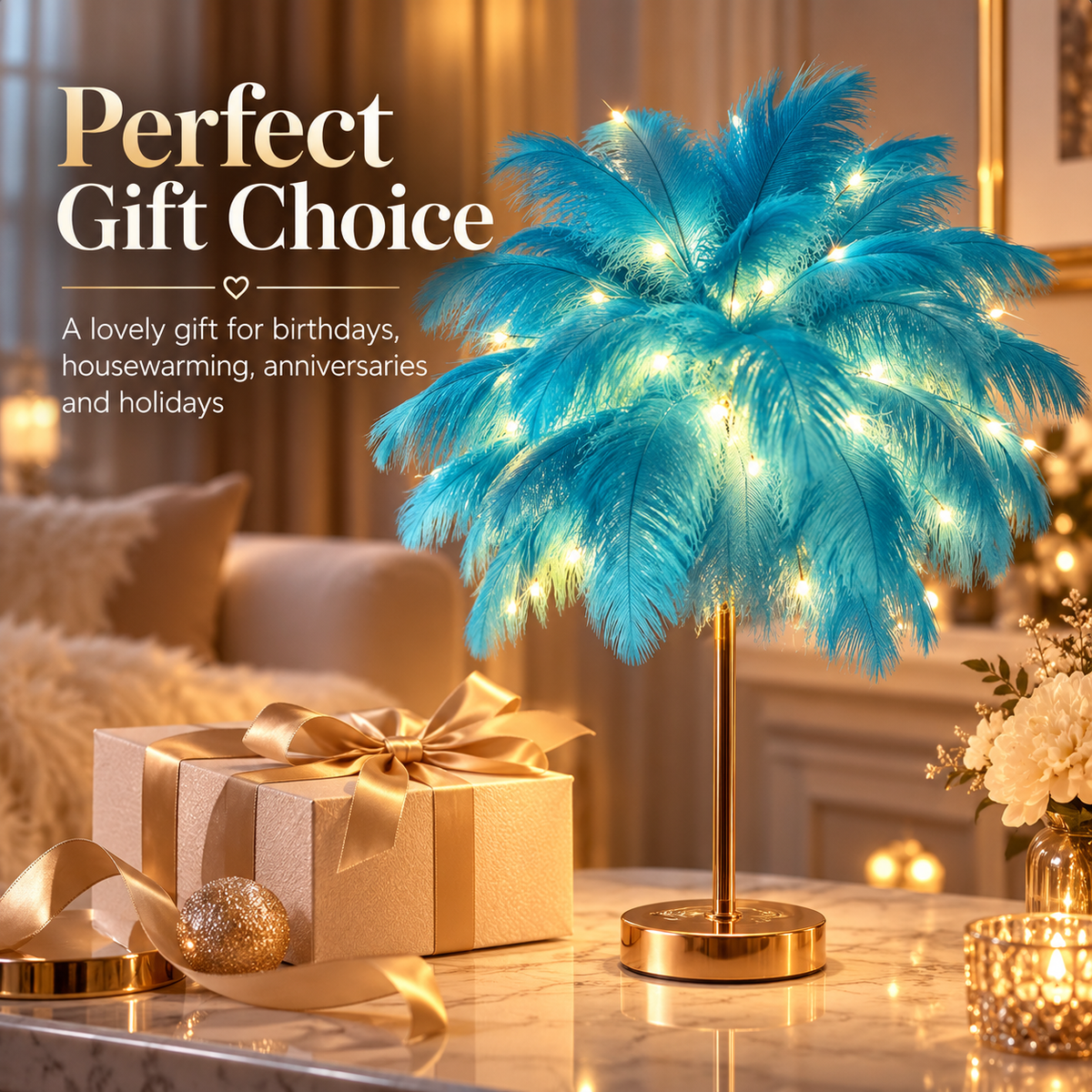 Ostrich Feather Table Lamp Pink, 80 Hand-Woven Natural Feathers, 3 Colour Temperature Touch Dimming, USB Rechargeable LED Bedside Lamp with Gold Metal Base