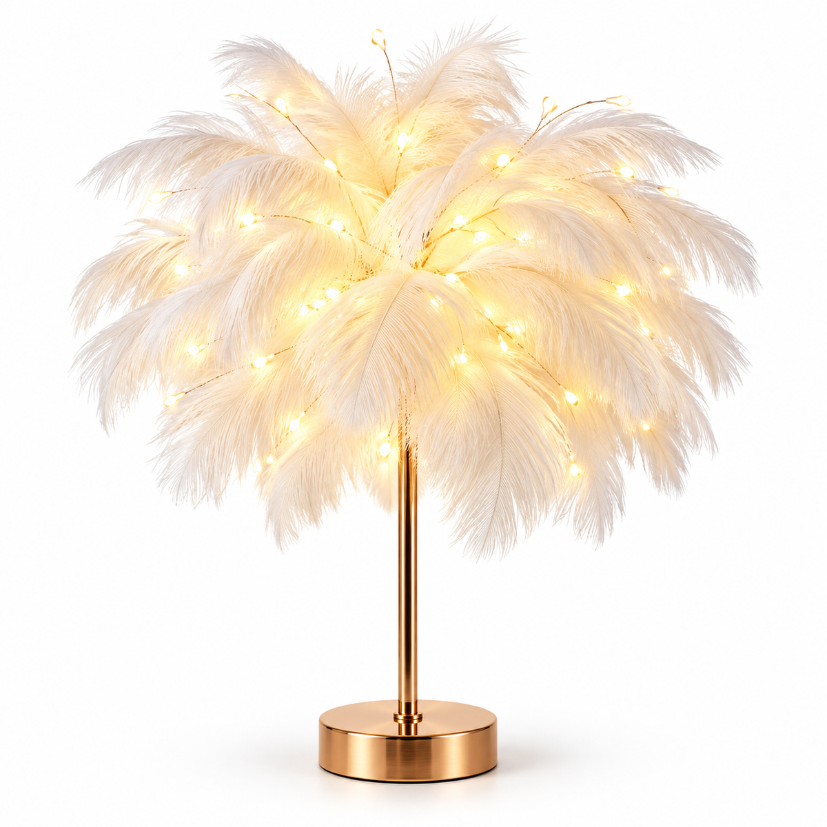 Ostrich Feather Table Lamp Blue, 80 Hand-Woven Natural Feathers, 3 Colour Temperature Touch Dimming, USB Rechargeable LED Bedside Lamp with Gold Metal Base