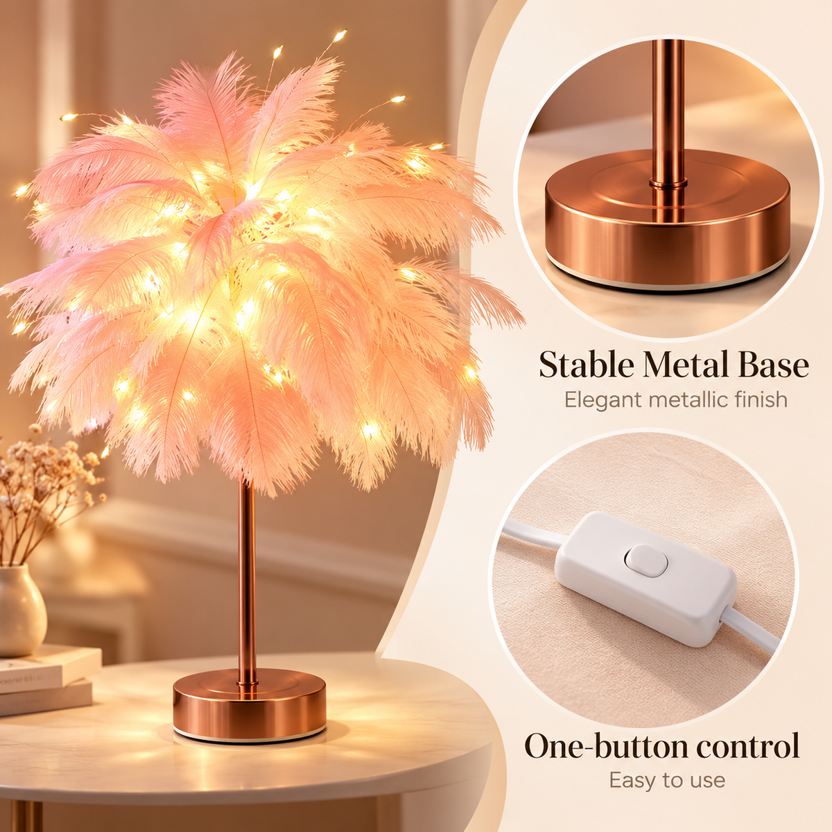 Ostrich Feather Table Lamp Blue, 80 Hand-Woven Natural Feathers, 3 Colour Temperature Touch Dimming, USB Rechargeable LED Bedside Lamp with Gold Metal Base