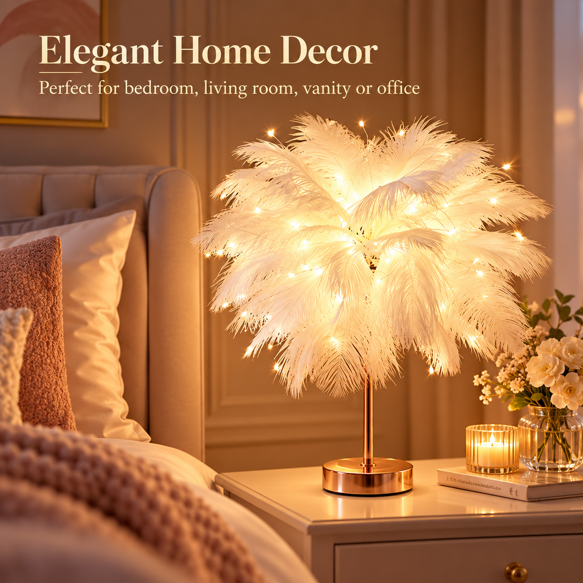Ostrich Feather Table Lamp Blue, 80 Hand-Woven Natural Feathers, 3 Colour Temperature Touch Dimming, USB Rechargeable LED Bedside Lamp with Gold Metal Base