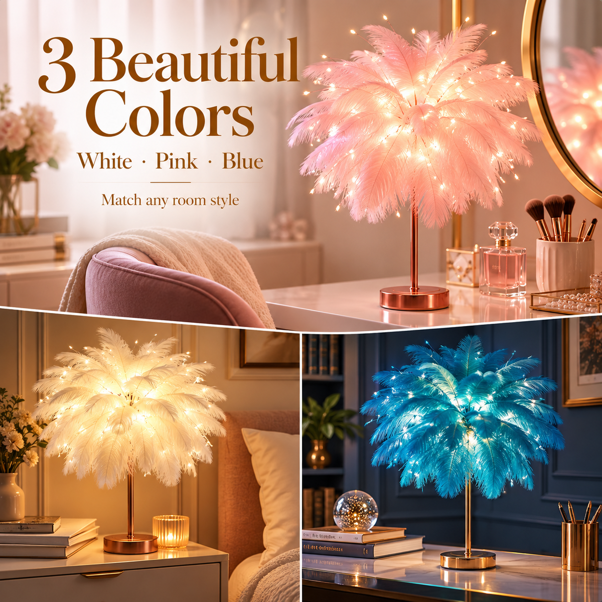 Ostrich Feather Table Lamp Blue, 80 Hand-Woven Natural Feathers, 3 Colour Temperature Touch Dimming, USB Rechargeable LED Bedside Lamp with Gold Metal Base