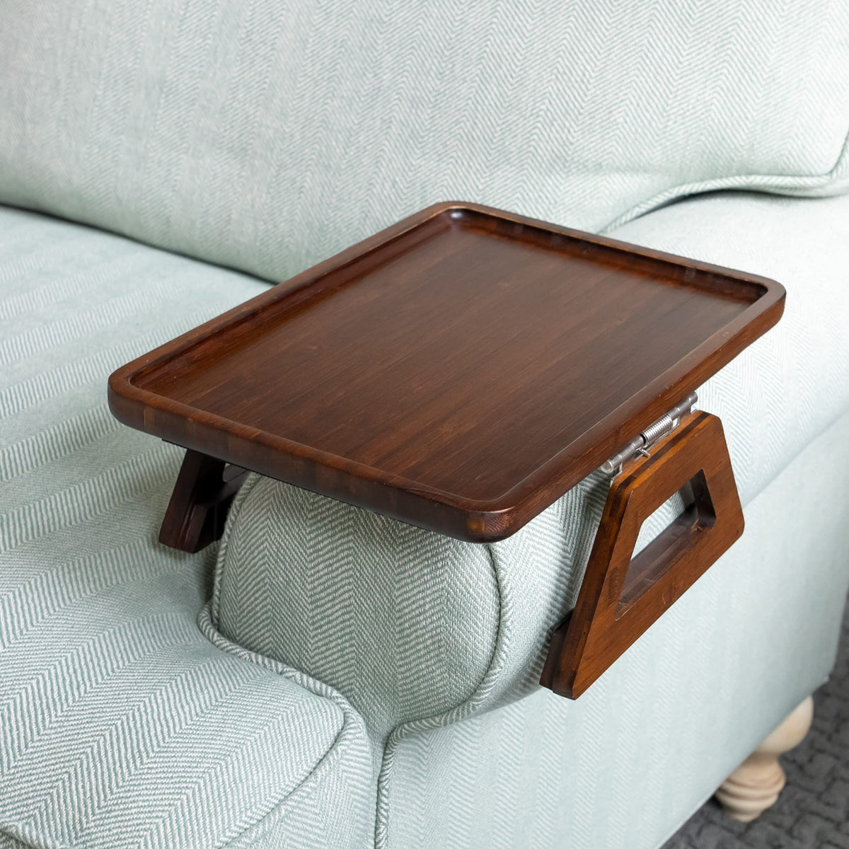 Bamboo Sofa Arm Tray Table, Clip-On Couch Armrest Table for Recliners and Armchairs, TV Dinner, Drink, Snack and Remote Holder, White Rectangular, 13 x 9.4 Inch
