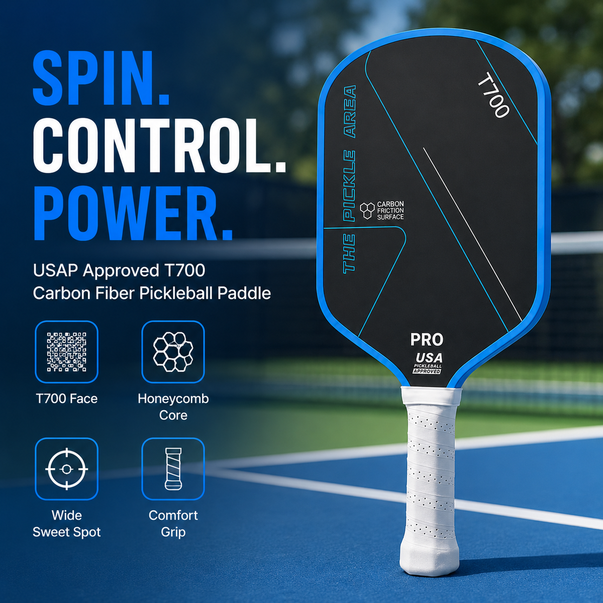 T700 Carbon Fiber Pickleball Paddle, USAP Approved Racket with Carbon Friction Surface for Spin, Control & Power – Pink