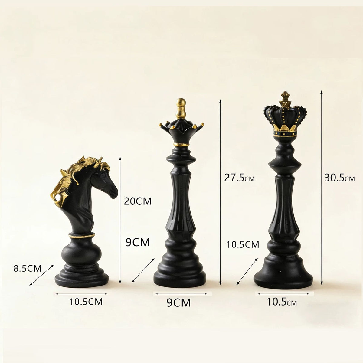 Luxury Resin Chess Piece Statues Set of 3 - King, Queen & Knight Horse Head Sculptures with Gold Trim - Classic Strategy Game Art Decor for Living Room, Study, Office & Bar Cabinet（Black）