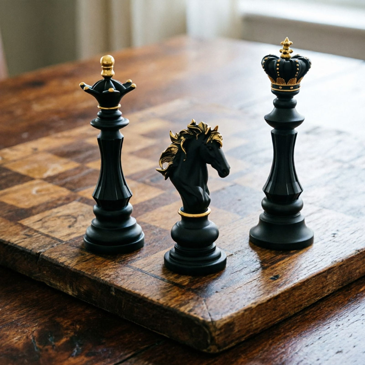 Luxury Resin Chess Piece Statues Set of 3 - King, Queen & Knight Horse Head Sculptures with Gold Trim - Classic Strategy Game Art Decor for Living Room, Study, Office & Bar Cabinet（Black）