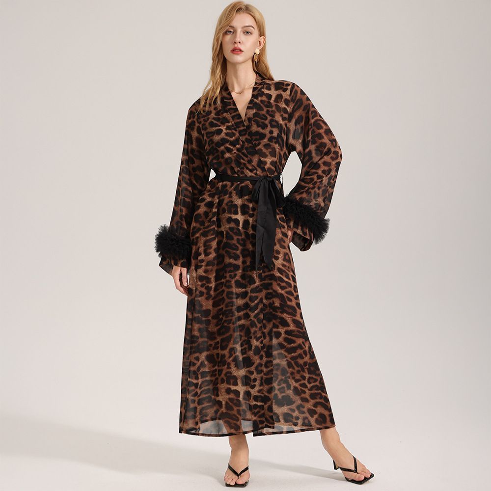 Women Long Sleeve Leopard Print Robe-one size