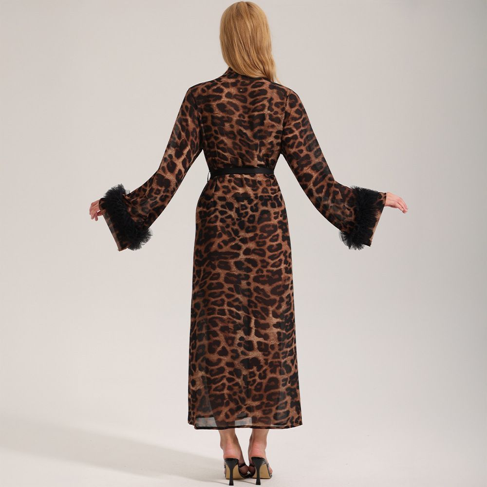 Women Long Sleeve Leopard Print Robe-one size