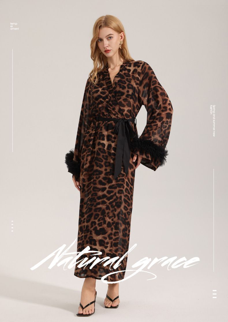 Women Long Sleeve Leopard Print Robe-one size