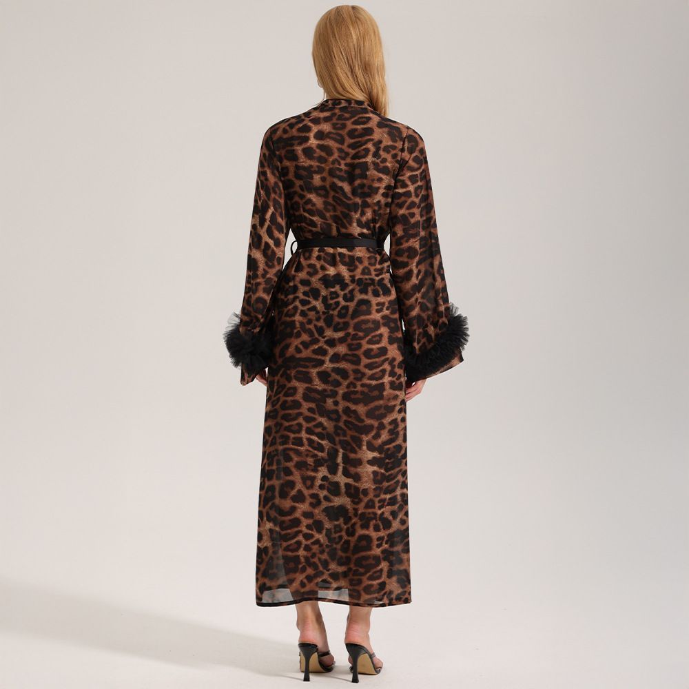 Women Long Sleeve Leopard Print Robe-one size