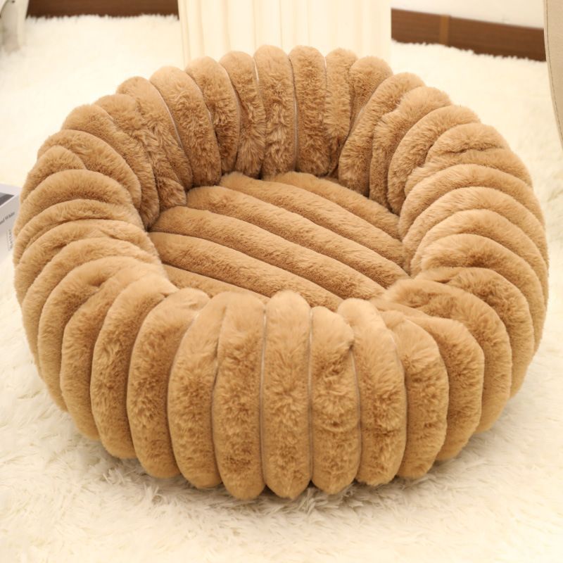 Plush Pet Bed, Camel Vertical Striped Round Nest, 40×40cm