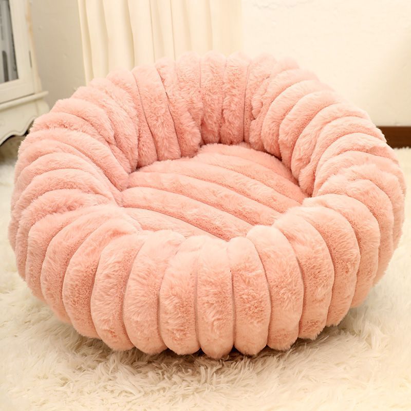 Plush Pet Bed, Pink Vertical Striped Round Nest, 40×40cm