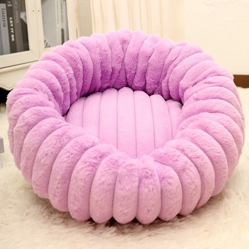 Plush Pet Bed, Purple Vertical Striped Round Nest, 40×40c