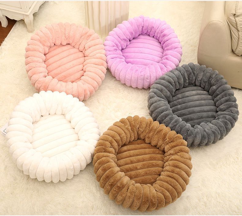 Plush Pet Bed, Purple Vertical Striped Round Nest, 40×40c