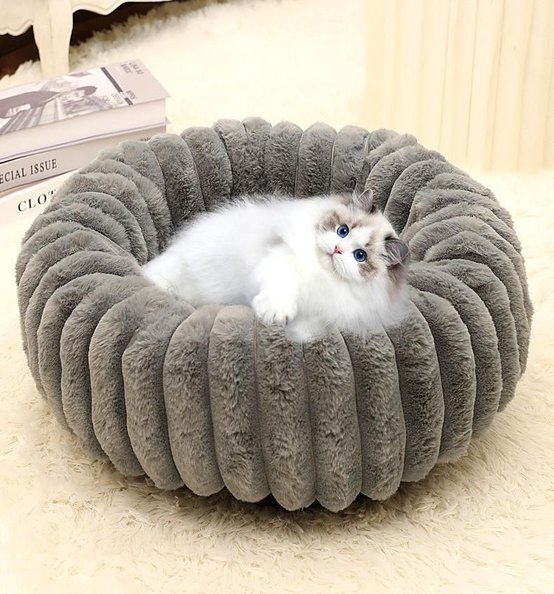 Plush Pet Bed, Purple Vertical Striped Round Nest, 40×40c