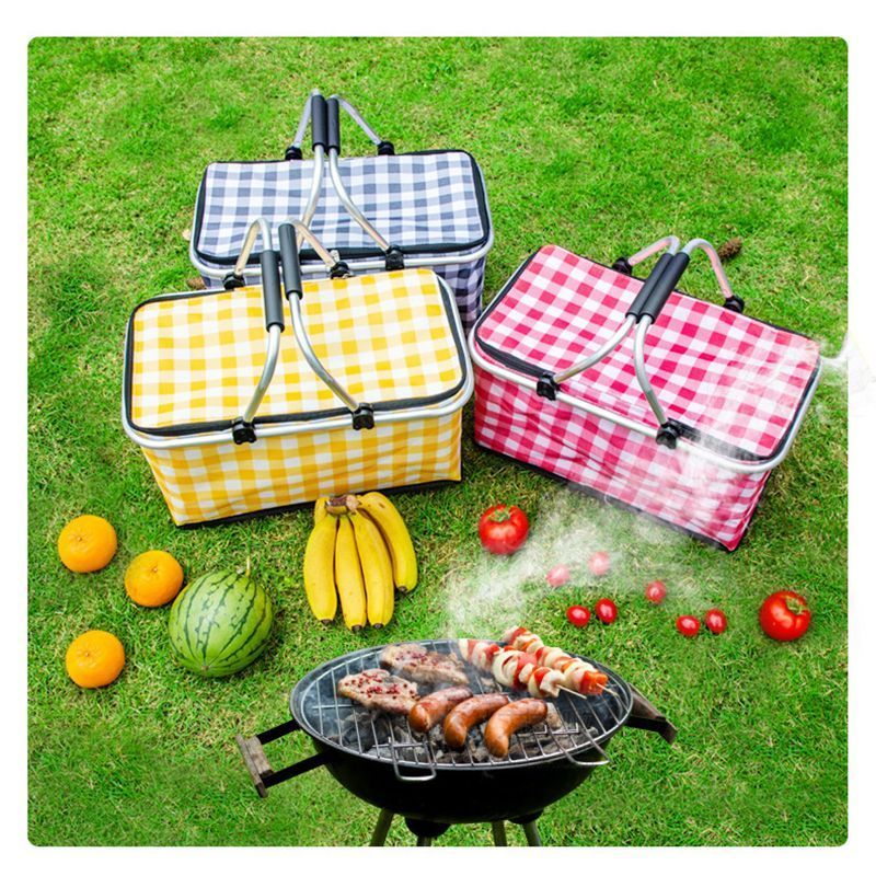 Thickened Foldable Aluminum Foil Insulated Picnic Basket-Yellow chequered pattern