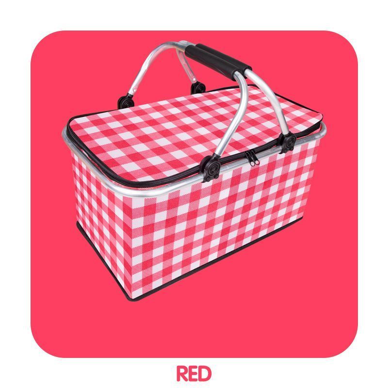 Thickened Foldable Aluminum Foil Insulated Picnic Basket-Red chequered pattern