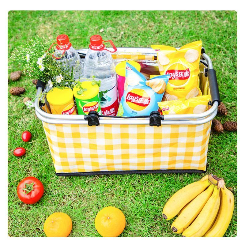 Thickened Foldable Aluminum Foil Insulated Picnic Basket-Red chequered pattern