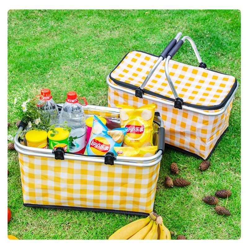 Thickened Foldable Aluminum Foil Insulated Picnic Basket-Red chequered pattern
