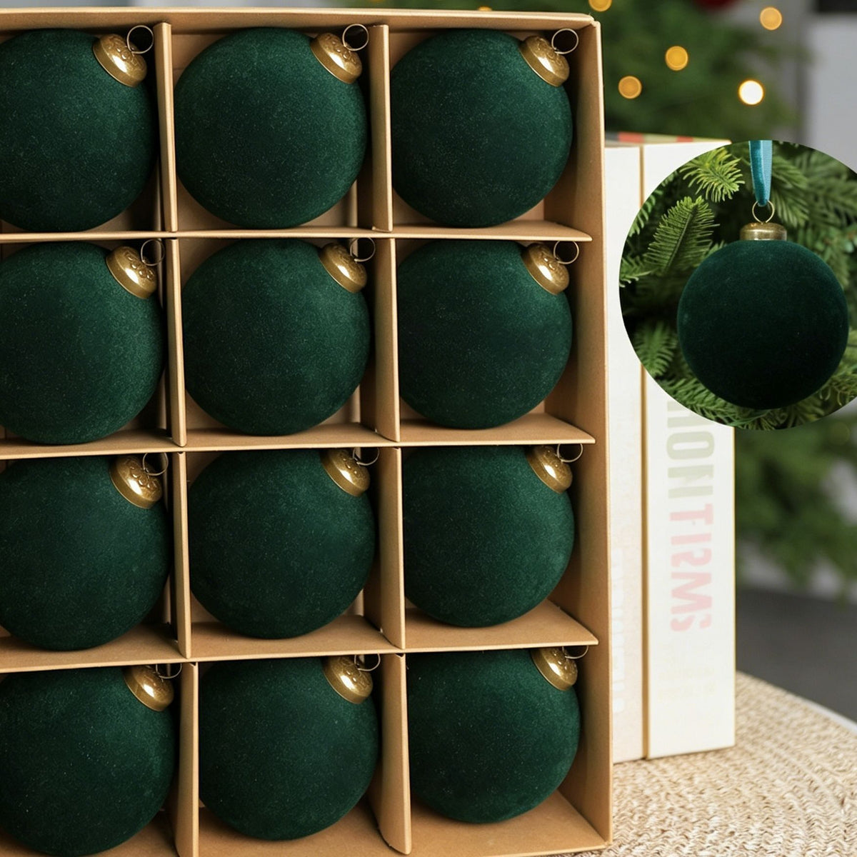 24pk Flocked Xmas Baubles Metal Cap, Dark Green 6cm