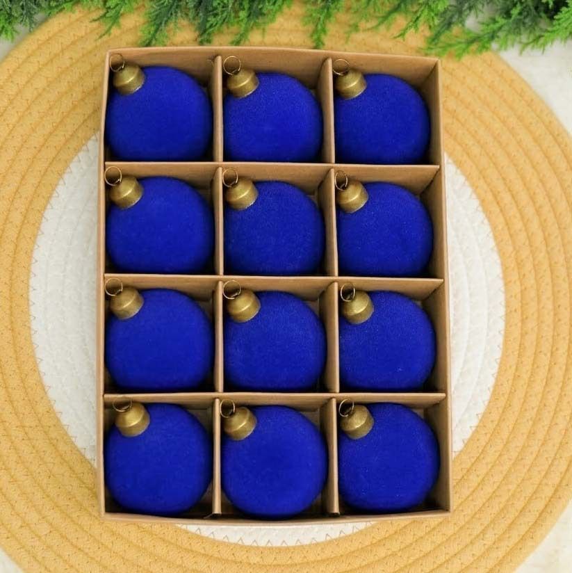 24pk Flocked Xmas Baubles Metal Cap, Royal Blue 8cm