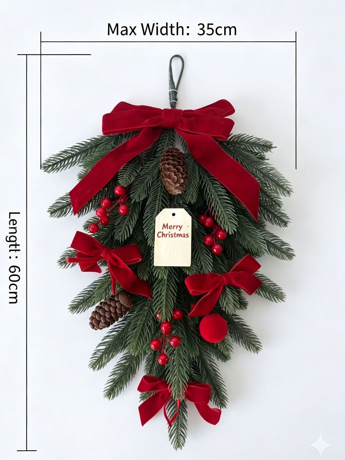 Xmas Teardrop Pine Swag, Red Velvet Bow Wall Door Hanging
