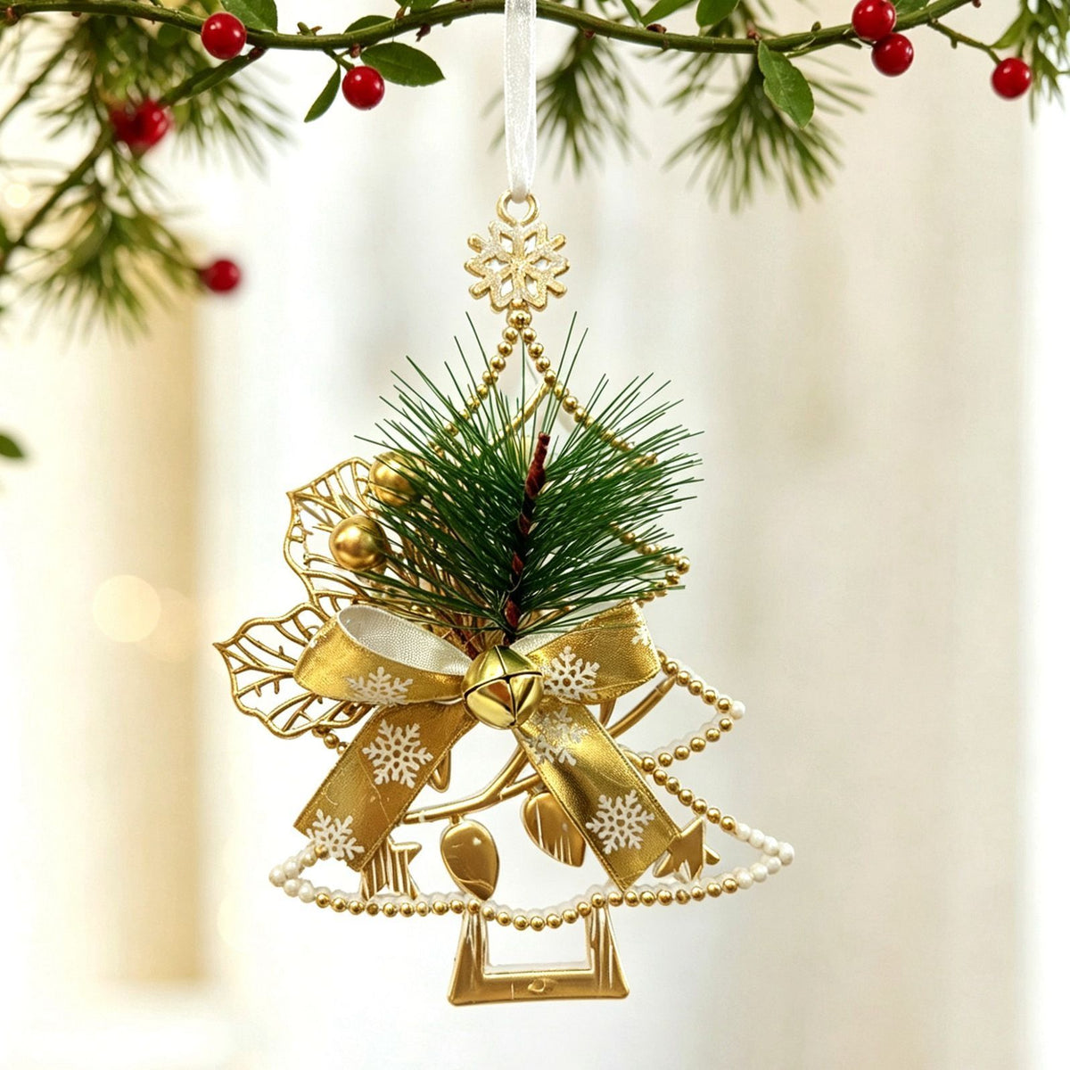 3pk White Gold Vintage Xmas Tree Hanging Ornament