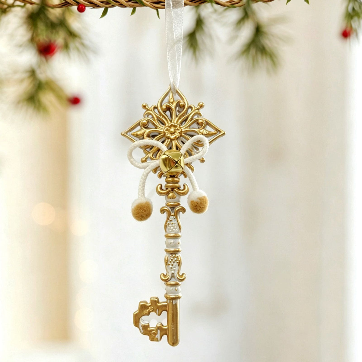3pk White Gold Vintage Key Xmas Tree Ornament