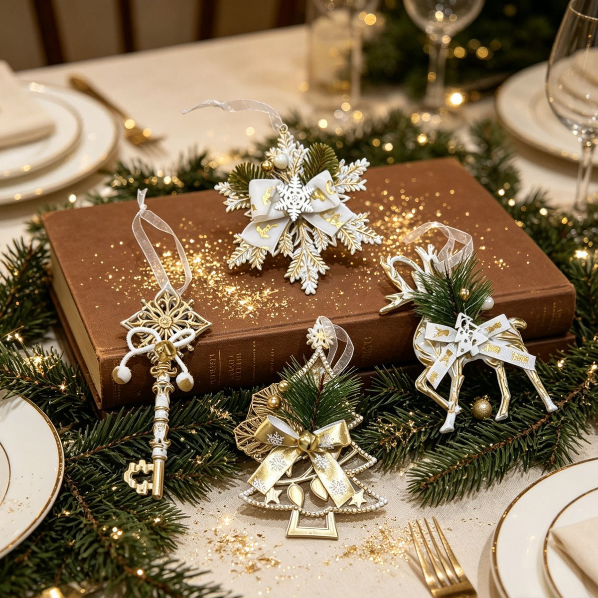 3pk White Gold Vintage Key Xmas Tree Ornament