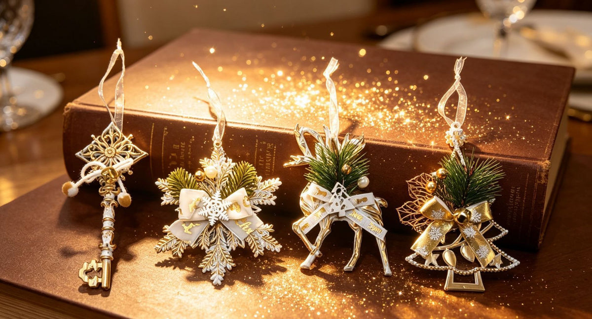 4pk Assorted White Gold Xmas Ornaments (Tree/Reindeer/Snowflake/Key)