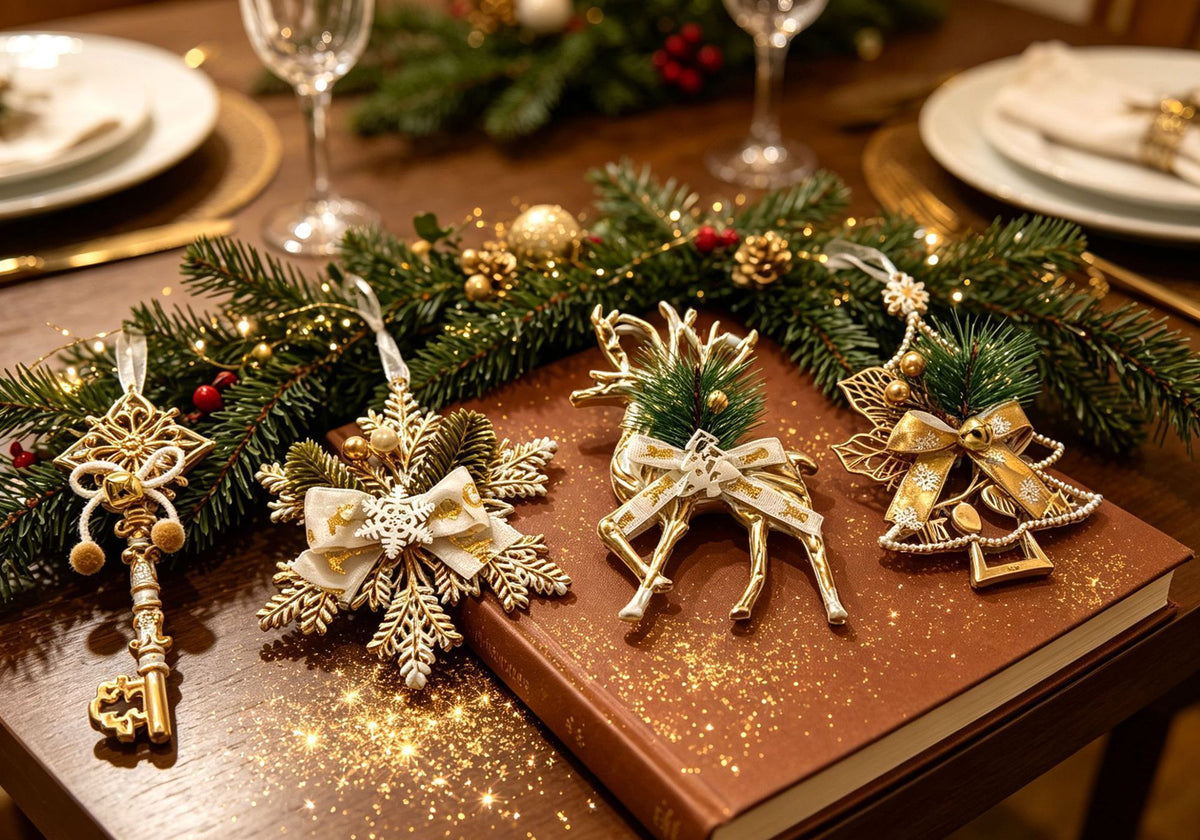 4pk Assorted White Gold Xmas Ornaments (Tree/Reindeer/Snowflake/Key)