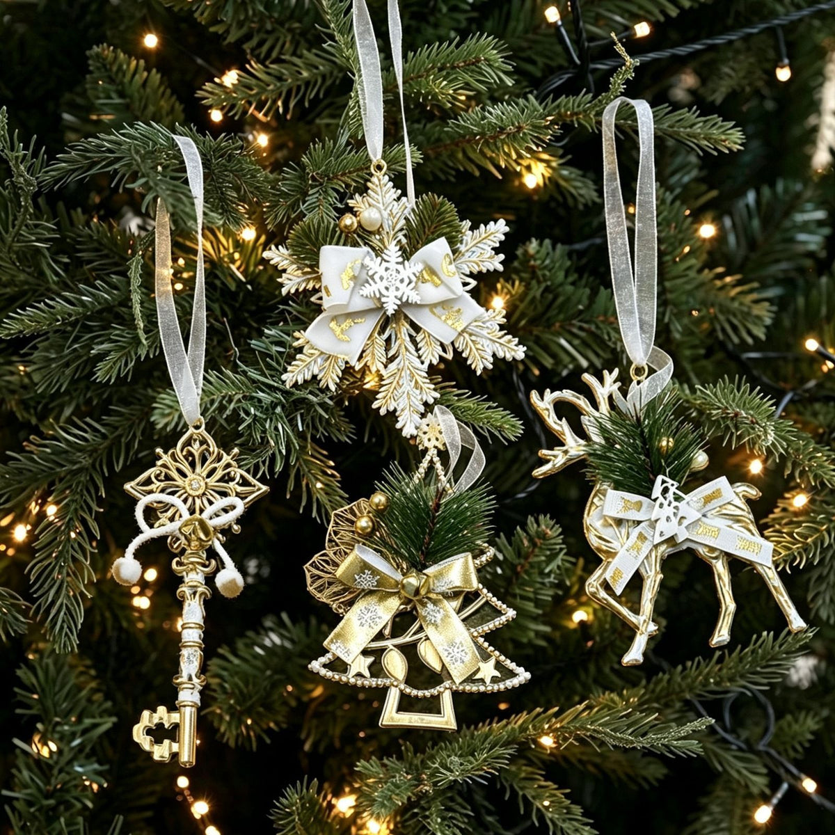 8pk Assorted White Gold Vintage Xmas Hanging Decor 4 Styles Mix