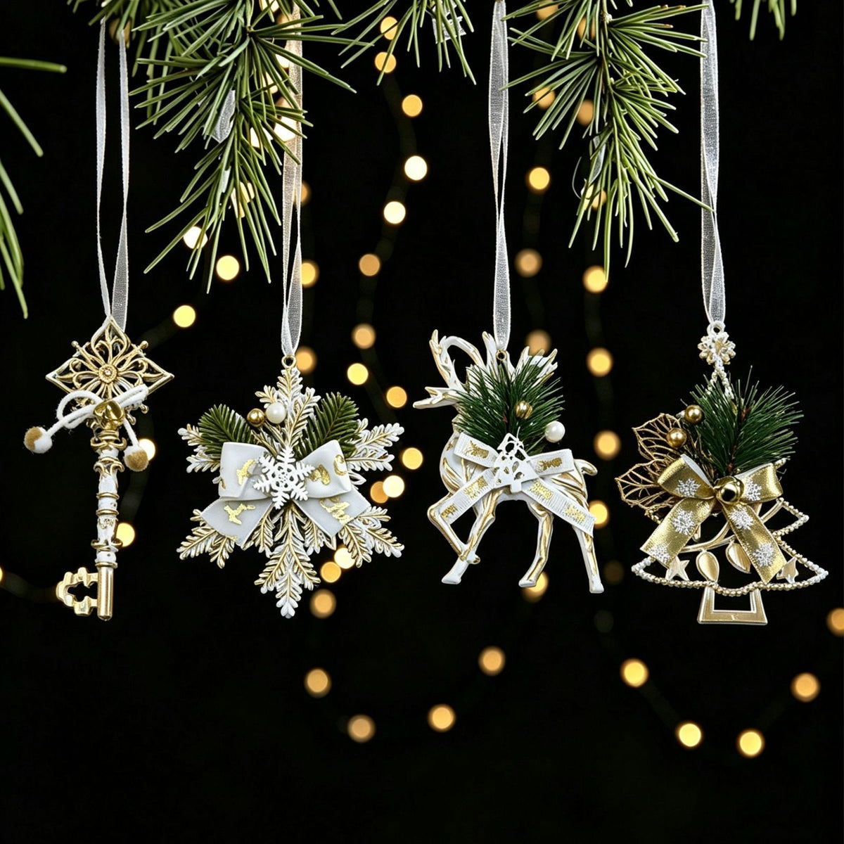 12pk Mixed White Gold Xmas Tree Baubles All 4 Designs Pack