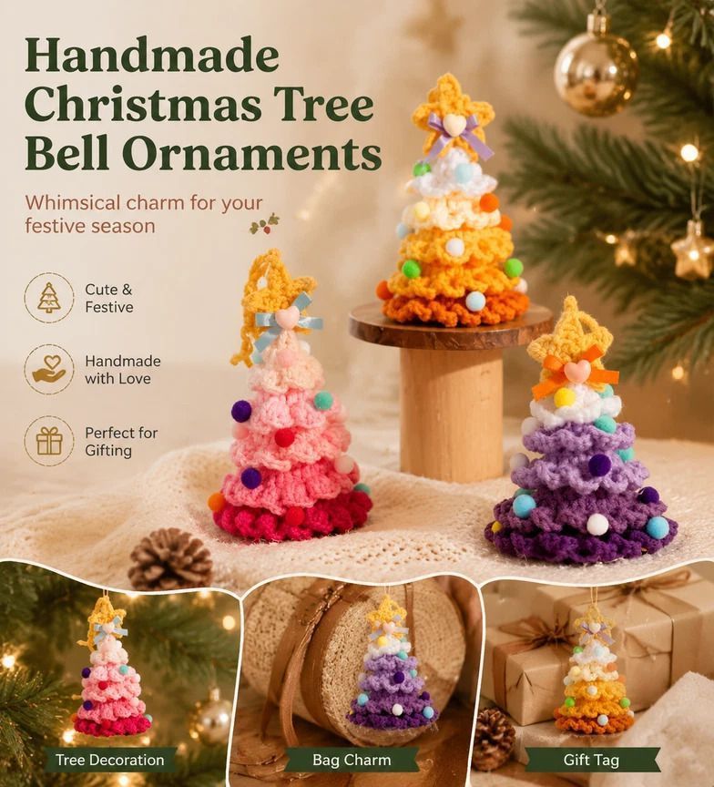 2 Pack Crochet Ornament E+F Rainbow 2 & Blue, Winter Holiday Duo