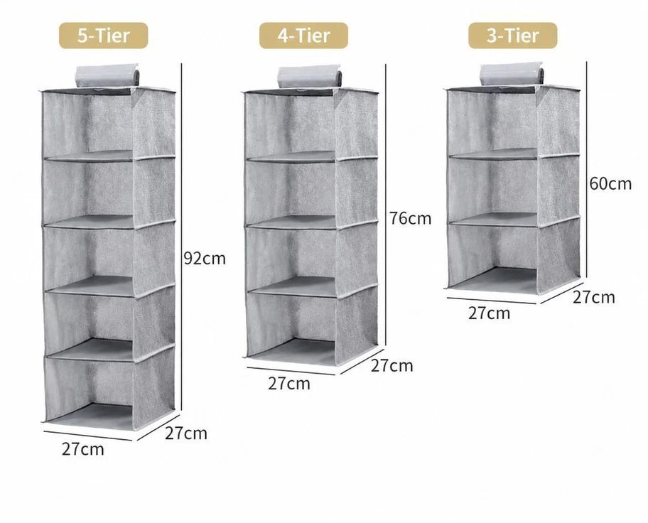 Cotton Linen Hanging Wardrobe Organiser, 3 Tier, Beige, Neat Garment Storage