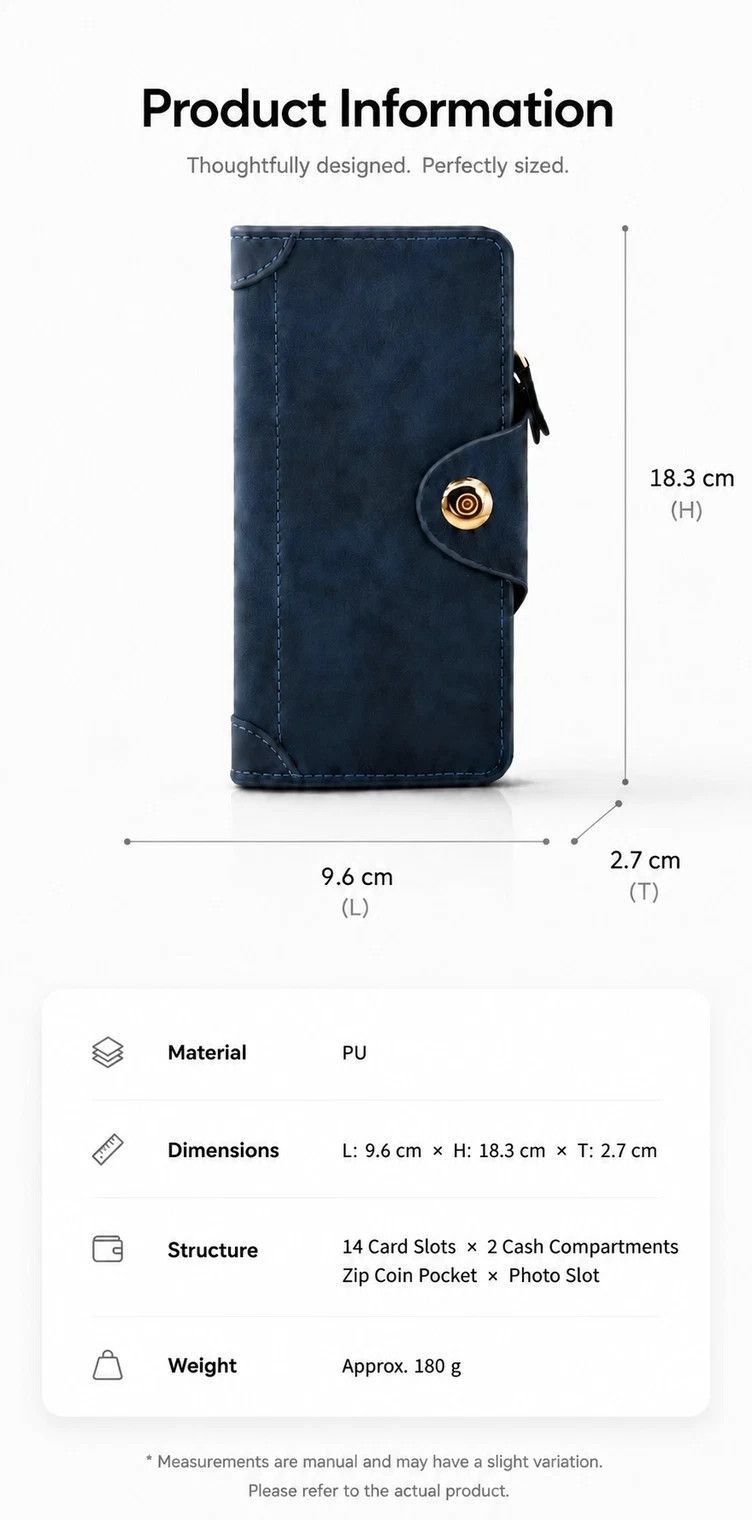 Full Tone Gentlemen Long Purse 2 Pcs Pack, Magnetic Snap Multi-Slot Hand Wallet, Daily Practical Accessory Gift Set, Blue