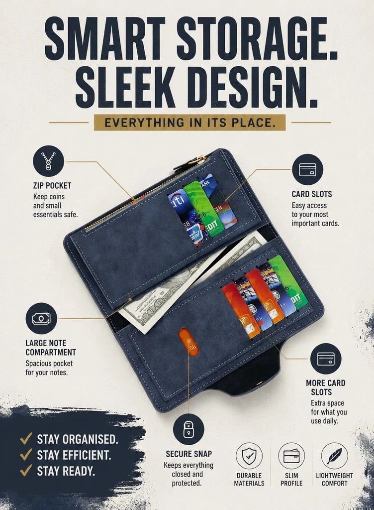 Dual Tone Solid Long Men Purse 2 Pcs Set, Magnetic Portable Multi-Slot Billfold, Exquisite Casual Gift Bundle, Blue & Grey