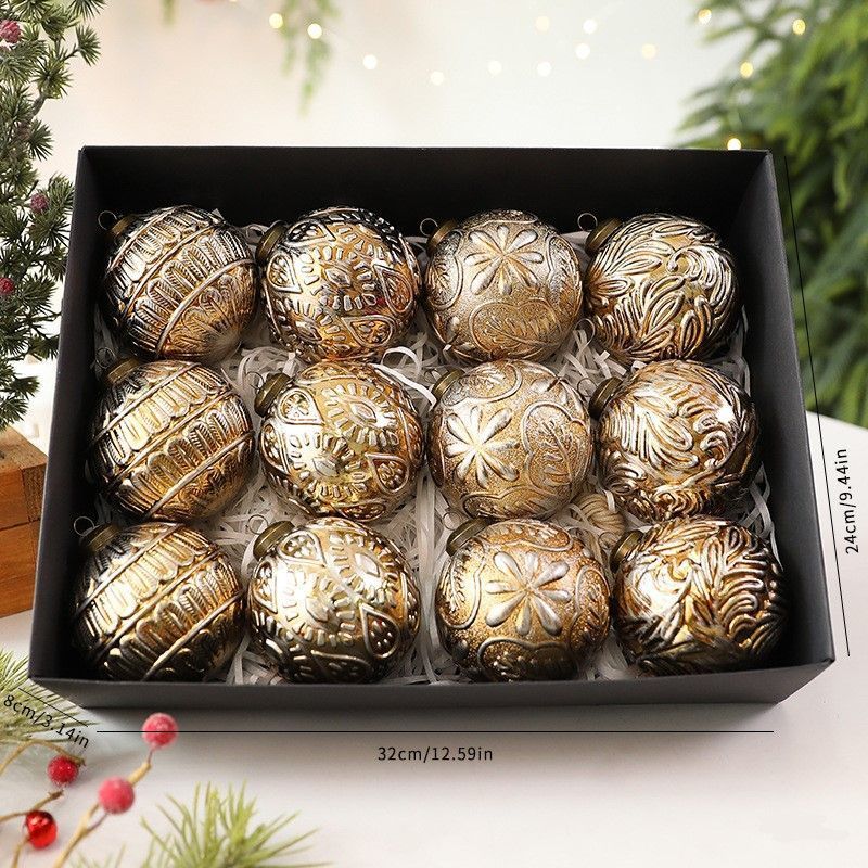 Vintage Embossed Christmas Baubles 8cm, 12 Pack Coffee Tone Ornaments, Textured Antique Tree Hanging Decor, Premium Christmas Decor For Australian Home Styling & Festive Gift