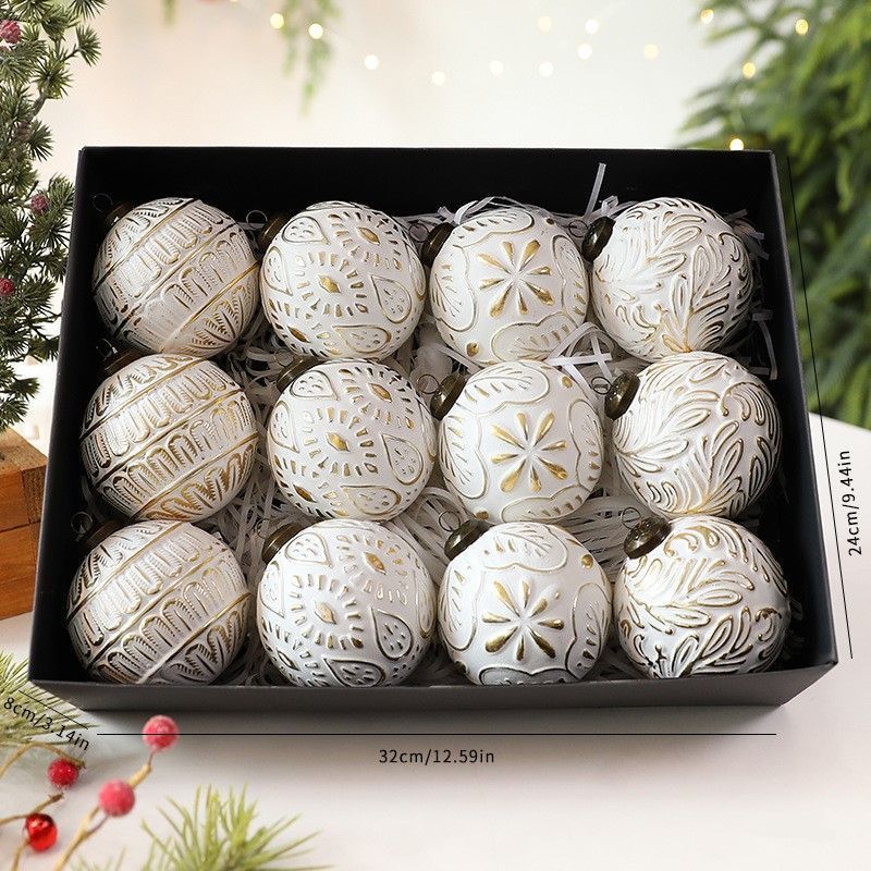 Vintage Embossed Christmas Baubles 8cm, 12 Pack White Gold Ornaments, Retro Relief Pattern Tree Hangings, Elegant Christmas Decor For Indoor Holiday Styling & Housewarming Present