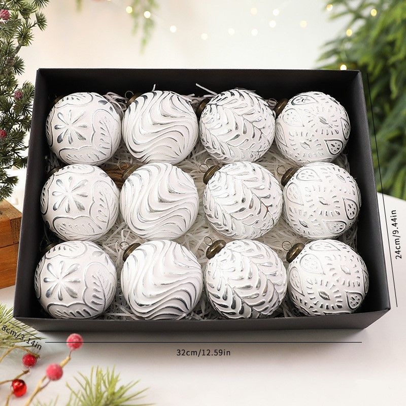 Vintage Embossed Christmas Baubles 8cm, 12 Pack Silver Tone Ornaments, Antique Textured Hanging Balls, Timeless Christmas Decor For Farmhouse Style Home & Seasonal Gift