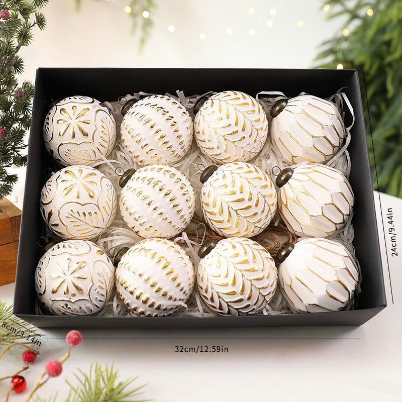 Vintage Embossed Christmas Baubles 8cm, 12 Pack Gold Tone Ornaments, Luxe Antique Relief Pattern, High-End Christmas Decor For Australian Residential Xmas Display