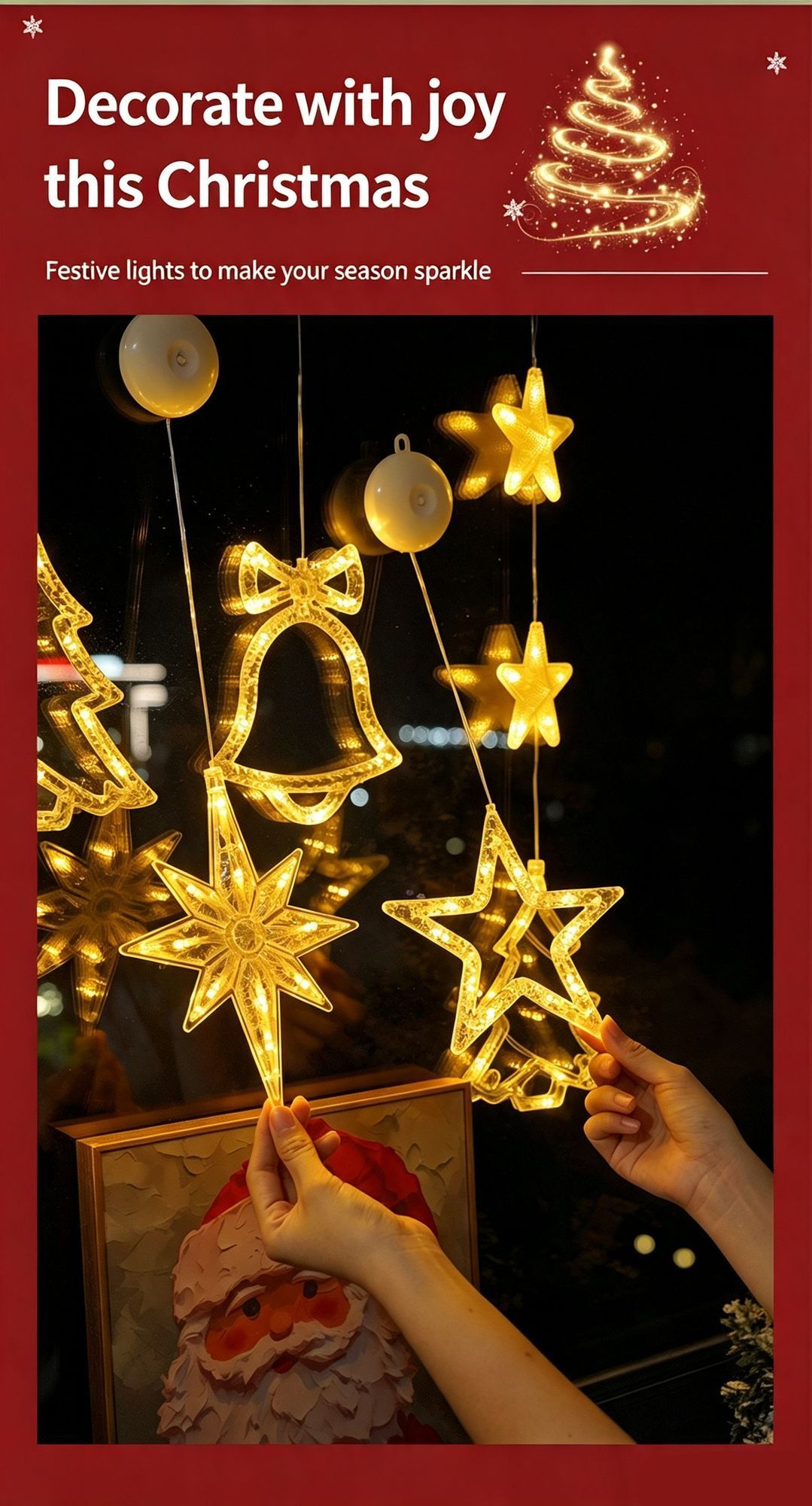 Indoor Christmas LED Suction Lights, Colourful Bell Shape Fairy Lights, Beautiful Window Holiday Lighting Ornament