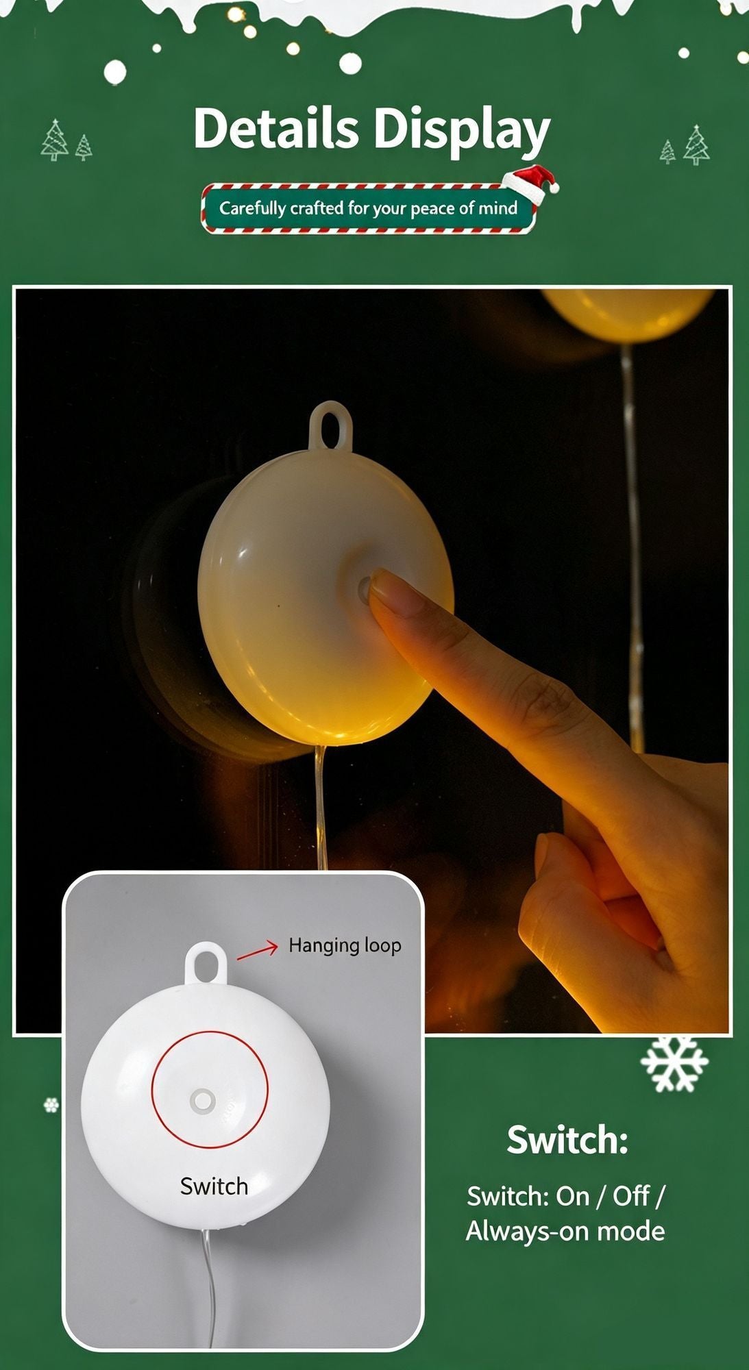 Warm White Christmas Tree LED Suction Curtain Lights, Battery Operated Festive Window Holiday Lighting