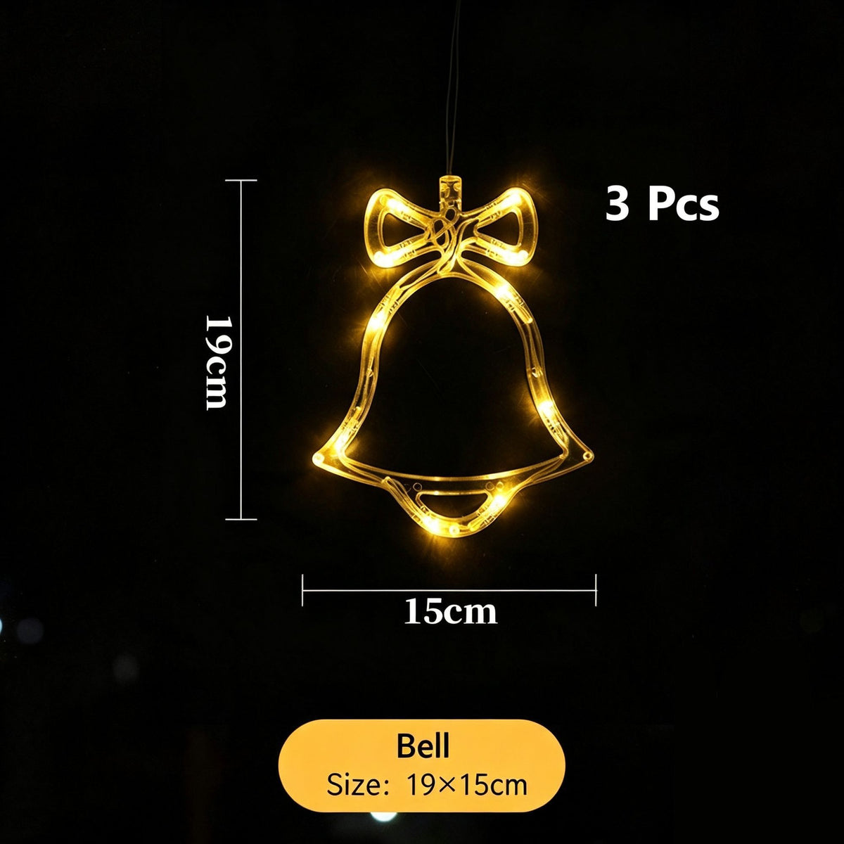 Warm White Bell Shape LED Suction Cup Lights 3 Pack, Battery Powered Christmas Indoor Window Ornament Lights