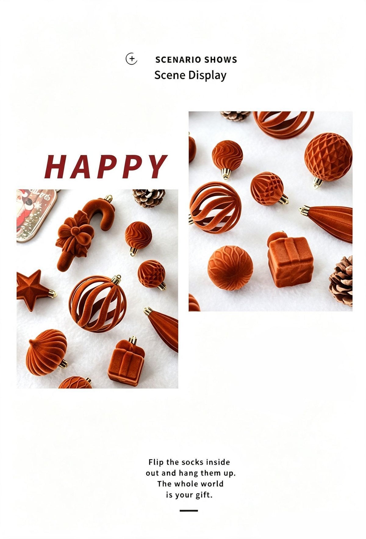 Soft Flocked Unique Shape Christmas Bauble Pack, Sophisticated Ins Style Xmas Tree Decor, Dark Brown 28 Pack Gift Box
