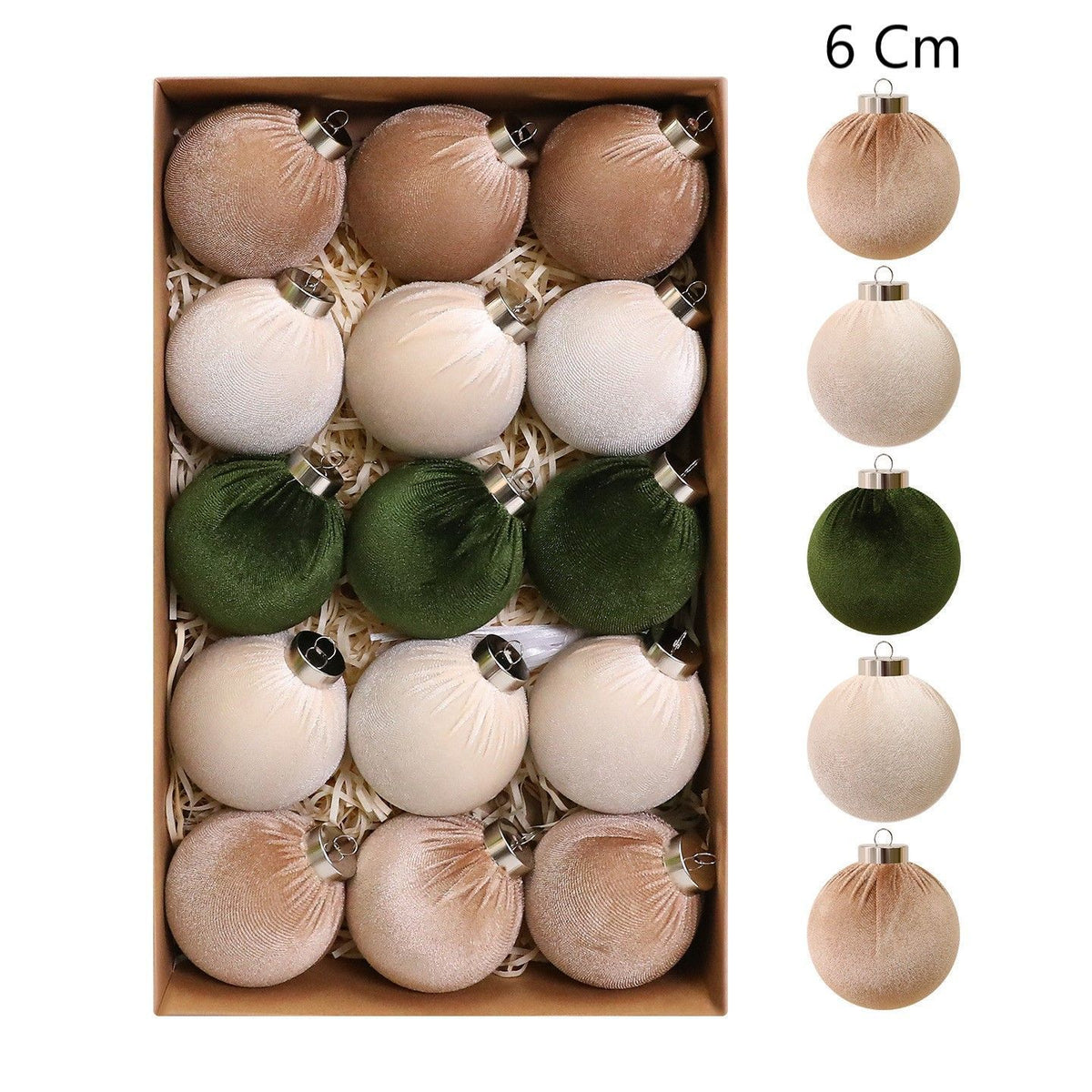 Velvet Wrapped Christmas Bauble Ornaments, Soft Fabric Covered Xmas Tree Hanging Decor, Green 6cm, 15 Pack