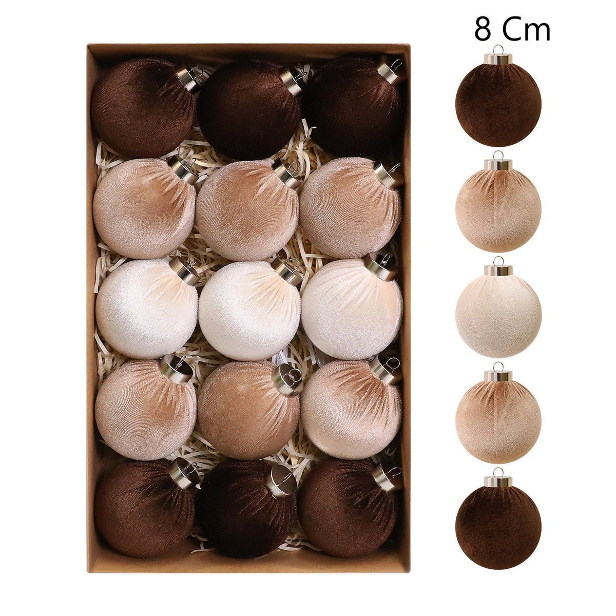 Premium Velvet Covered Christmas Hanging Baubles, Warm Seasonal Home Decor, Brown 8cm, 15 Pack